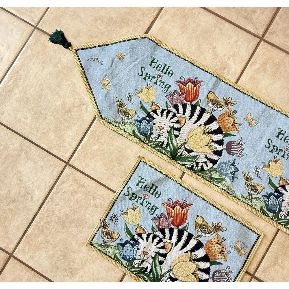 Springtime Cat Butterfly Bird Floral Tapestry Long Table Runner And 2 Placemats